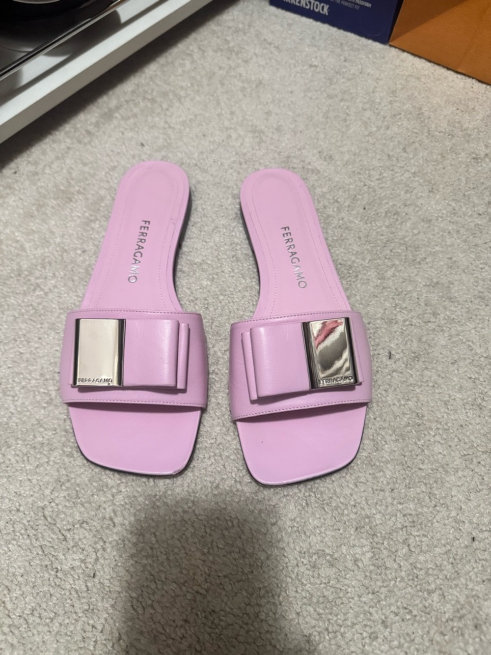 Salvatore Ferragamo Lilac Bow Slide Sandals with Metallic Plaque